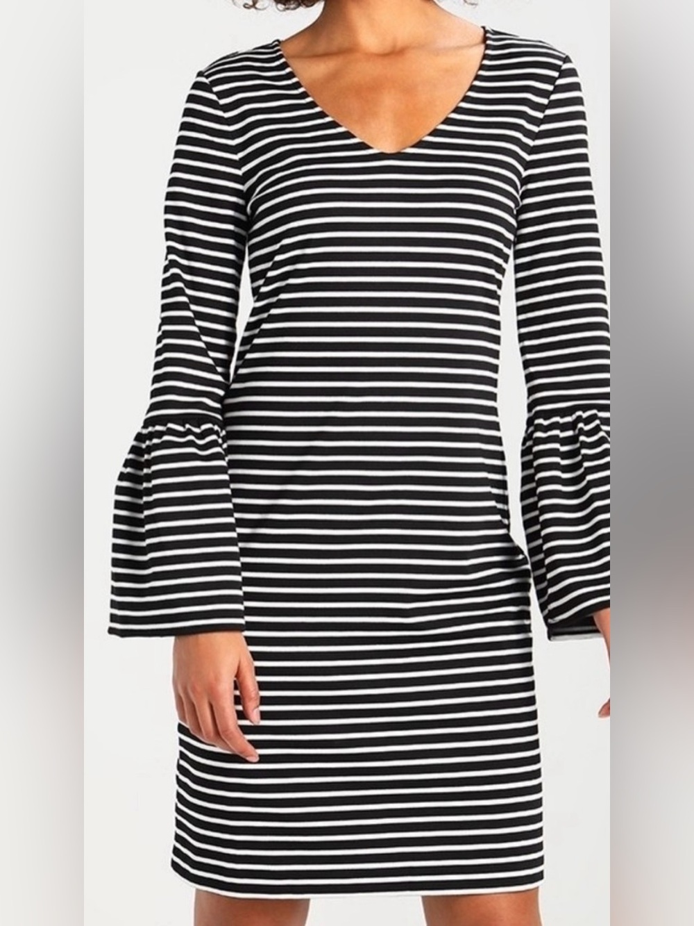Banana Republic Black & White Striped V-Neck Bell-Sleeve Dress